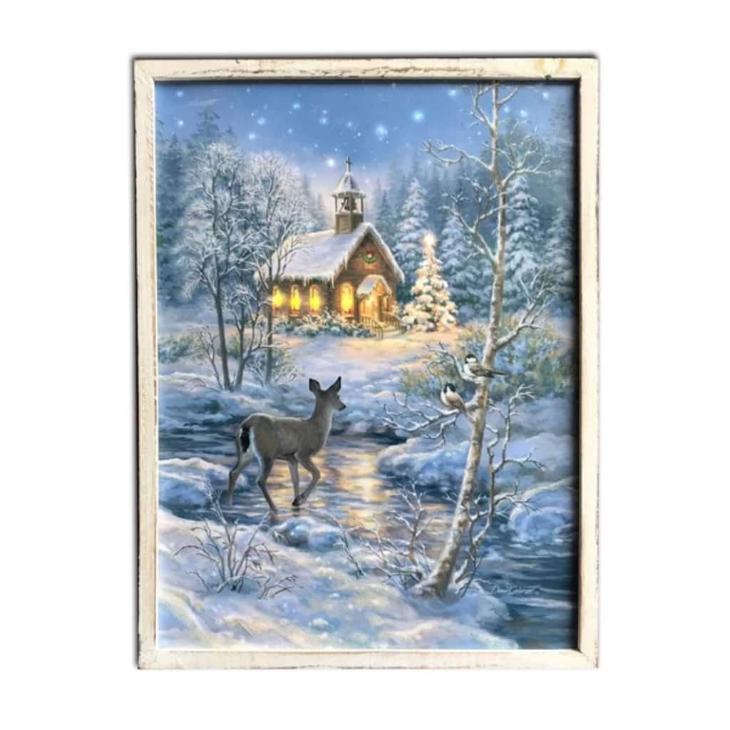 White Blue "The Chapel" LED Christmas Framed Wall Decor 24"x18"
