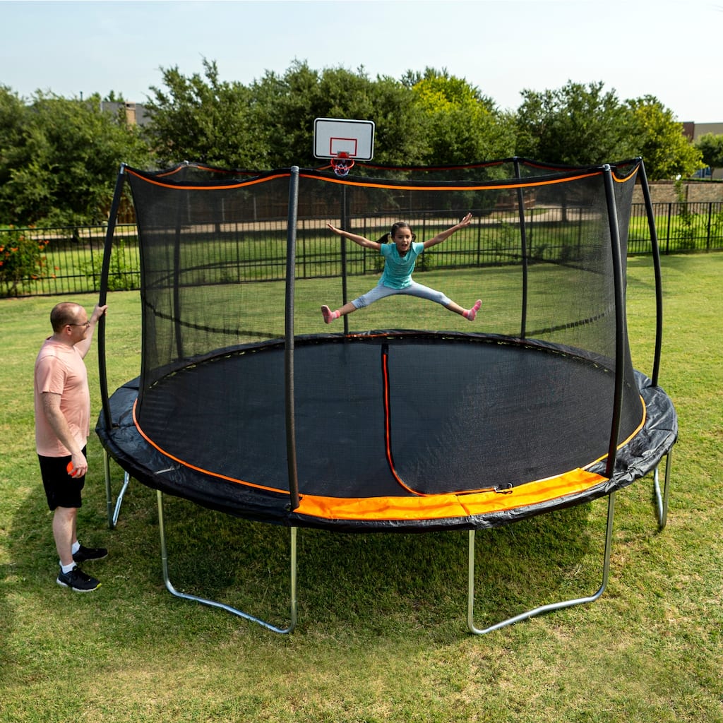 15 ft Round Trampoline with Basketball Hoop - Heavy-Duty 7-Leg Frame, High Bounce Springs & Enclosure - 32