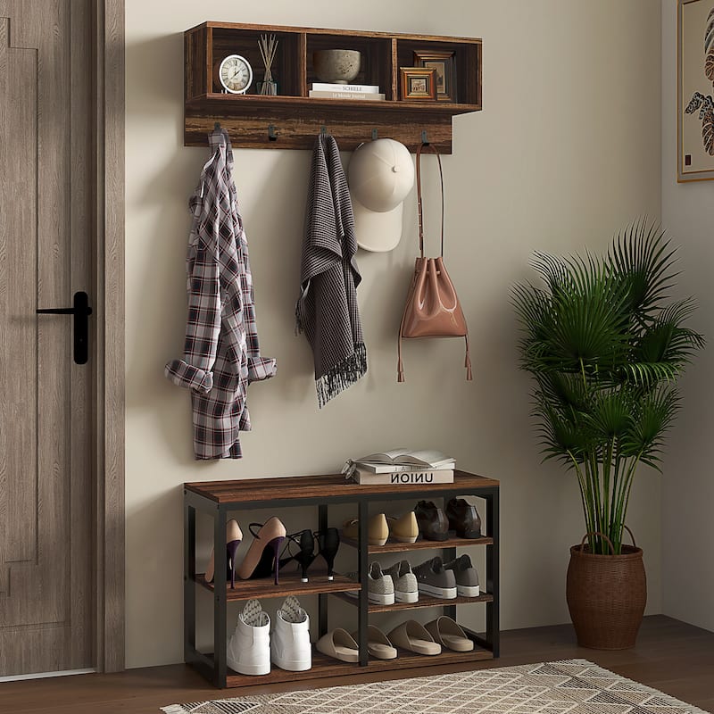 Wall Mounted Entryway Coat Rack, Shoe Bench Mudroom Bench with Storage Compartments, Coat Rack Bench with Hooks - Brown