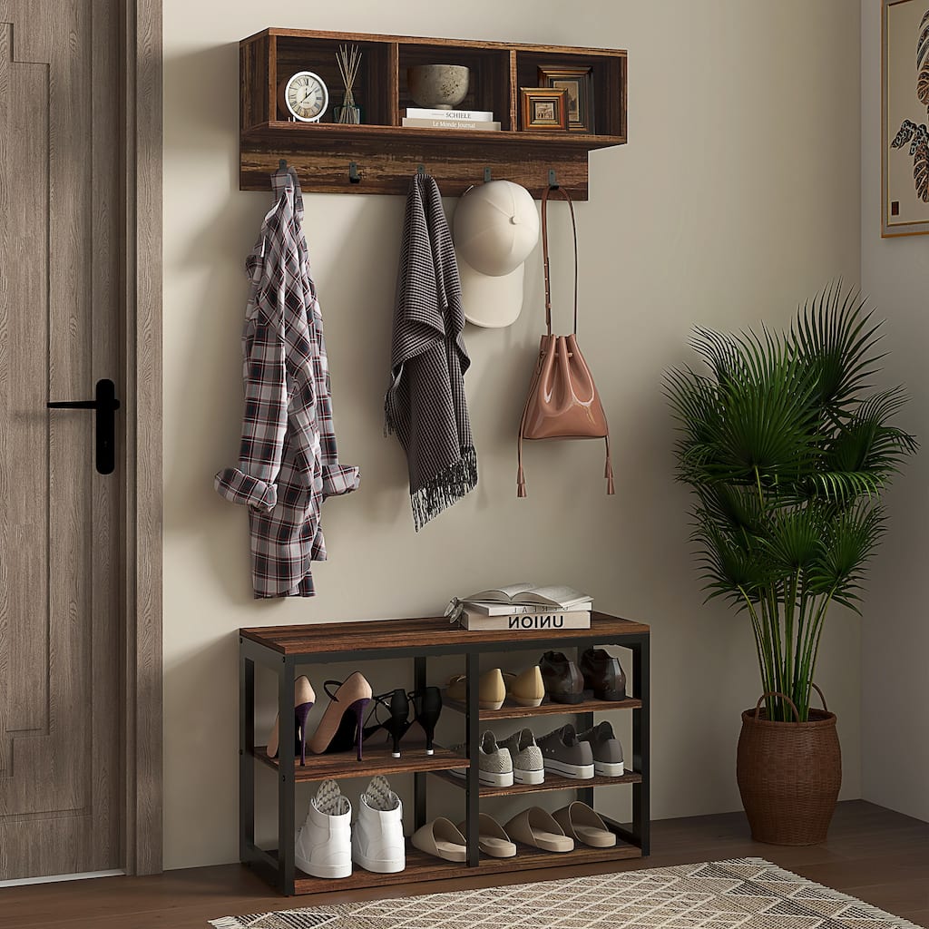 Wall Mounted Entryway Coat Rack, Shoe Bench Mudroom Bench with Storage Compartments, Coat Rack Bench with Hooks