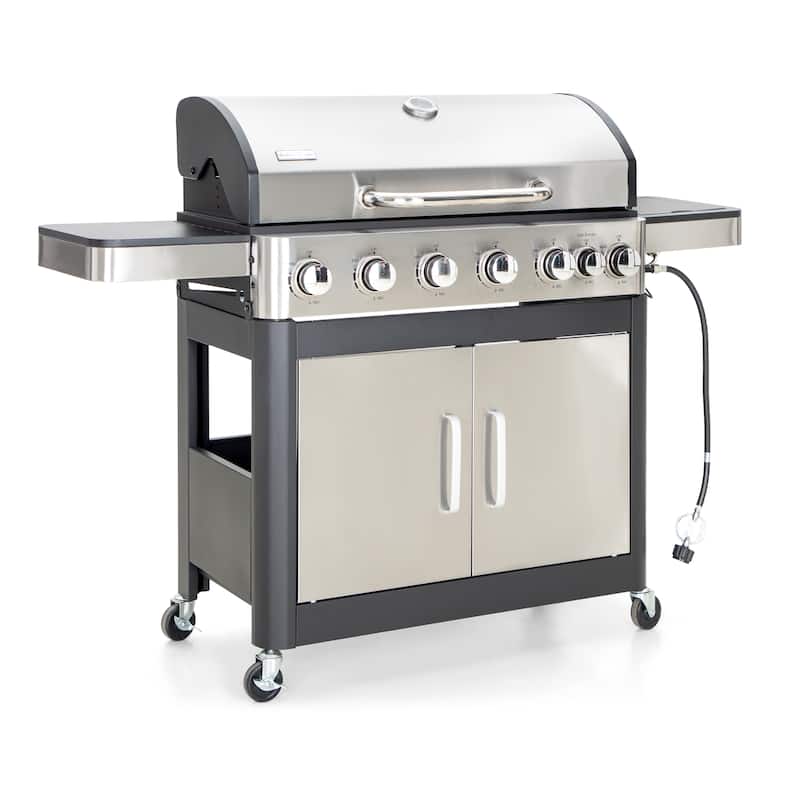 6-Burner Propane Gas BBQ Grill with Side Burner, 65,800 BTU, Porcelain Grates, 665 SQ.IN. Cooking Area, Stainless Steel
