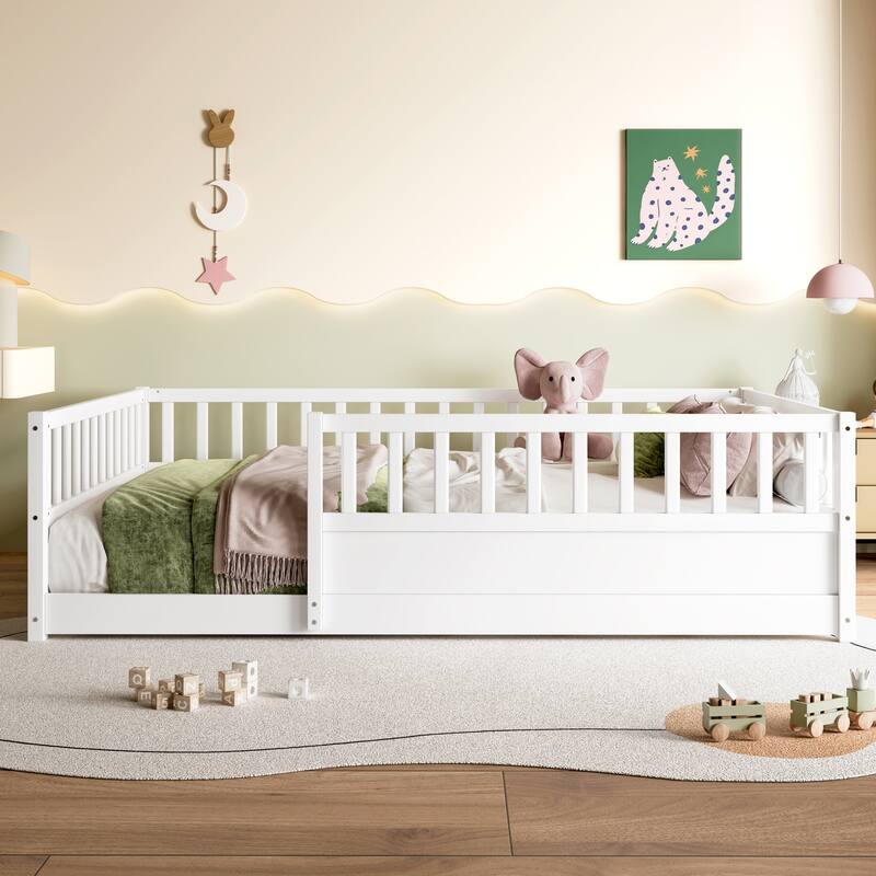 Full/Twin Montessori Floor Bed with Security Barrier & Door - Children's Wooden Bed Frame - White - Full