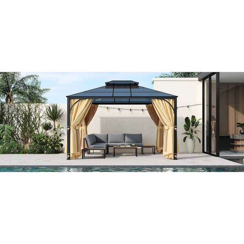10'x12' Hardtop Outdoor Gazebo with Netting and Curtains for Patio or Backyard