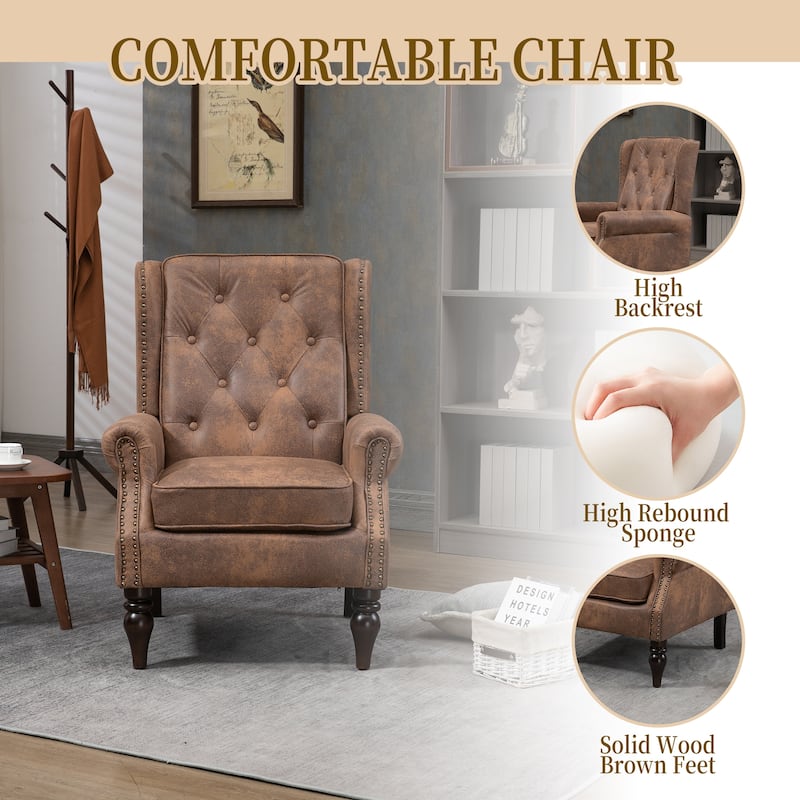 High Back Wood Frame Armchair, Modern Accent Chair Lounge Chair with Wood Legs, Upholstered PU Leather Lounge Chairs
