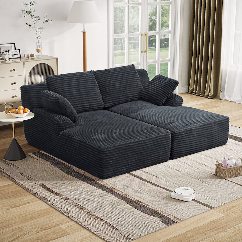 Fluffy Double Chaise Lounge Set Plush Corduroy Sleeper Sofa Bed