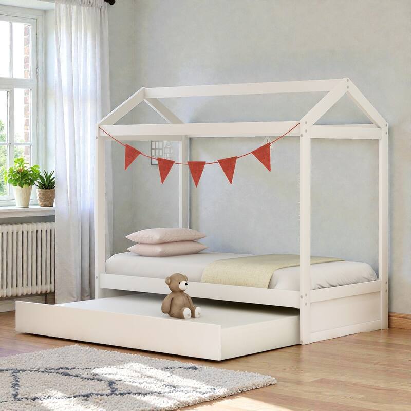 Twin Size House Bed with Trundle, Pine Wood Frame, Roof Design, Kids Playhouse Bed with Decor-Friendly Rails