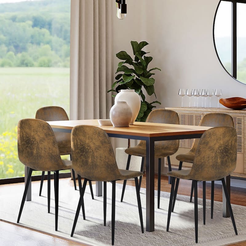 Homy Casa Set of 6 Faux Suede Dining Chairs Black Metal Legs, Brown