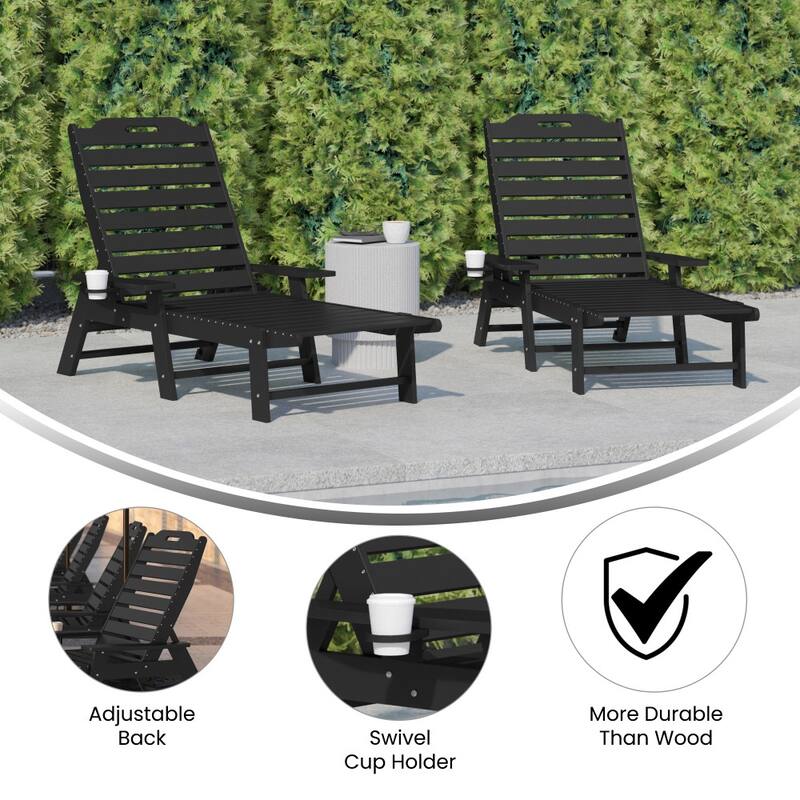 Set of 2 Outdoor Adjustable Lounge Chairs with Cupholders