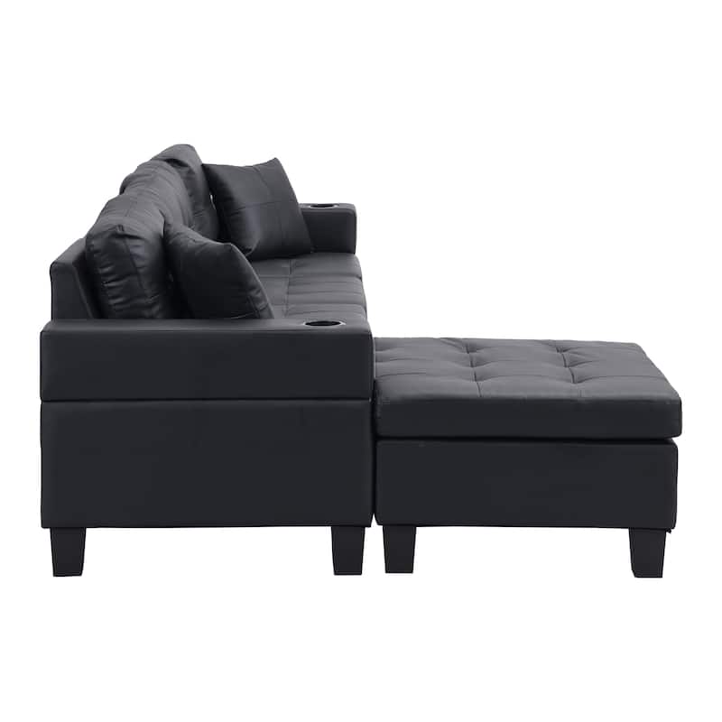 Sectional Sofa Set for Living Room with L Shape Chaise Lounge ,cup holder and Left or Right Hand Chaise Modern 4 Seat (BLACK)