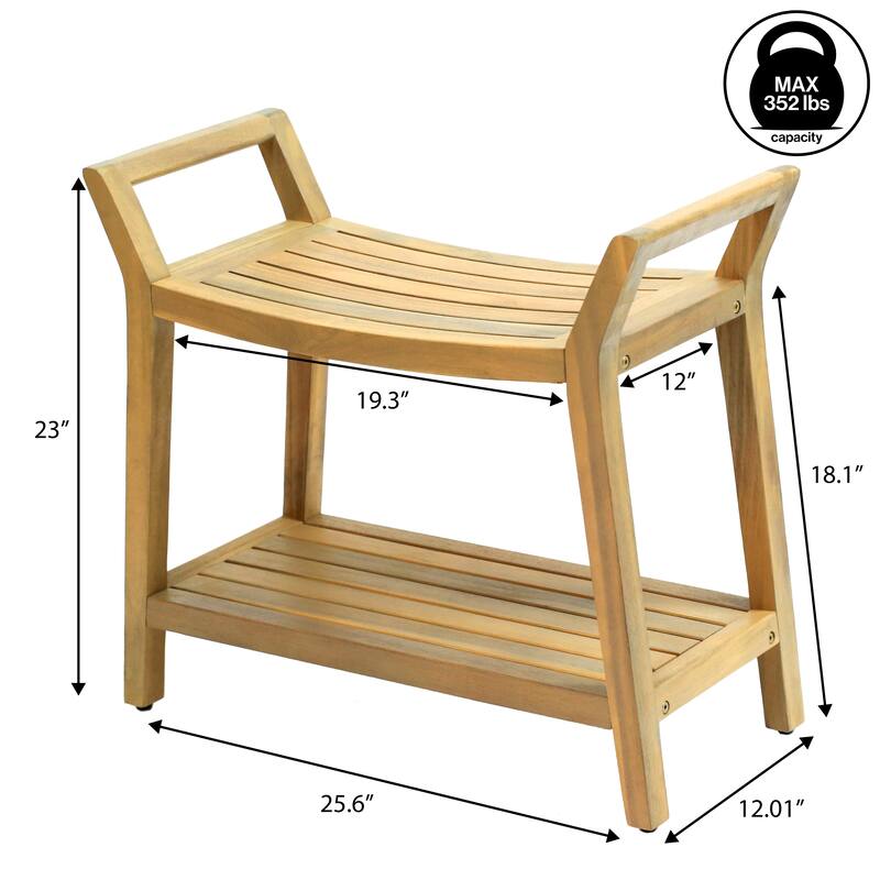 Orla 25.6" Slatted Solid Acacia Wood Indoor/Outdoor Shower Bench, Shelf, Handle, By JONATHAN Y - 25.59L x 12.01W x 23.03H