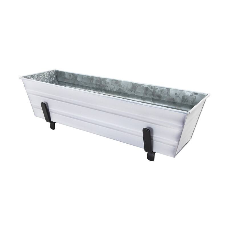 Achla Designs Small Galvanized Steel Flower Box Planter With Brackets for 2 x 4 Railings, 22 Inch Wide - White