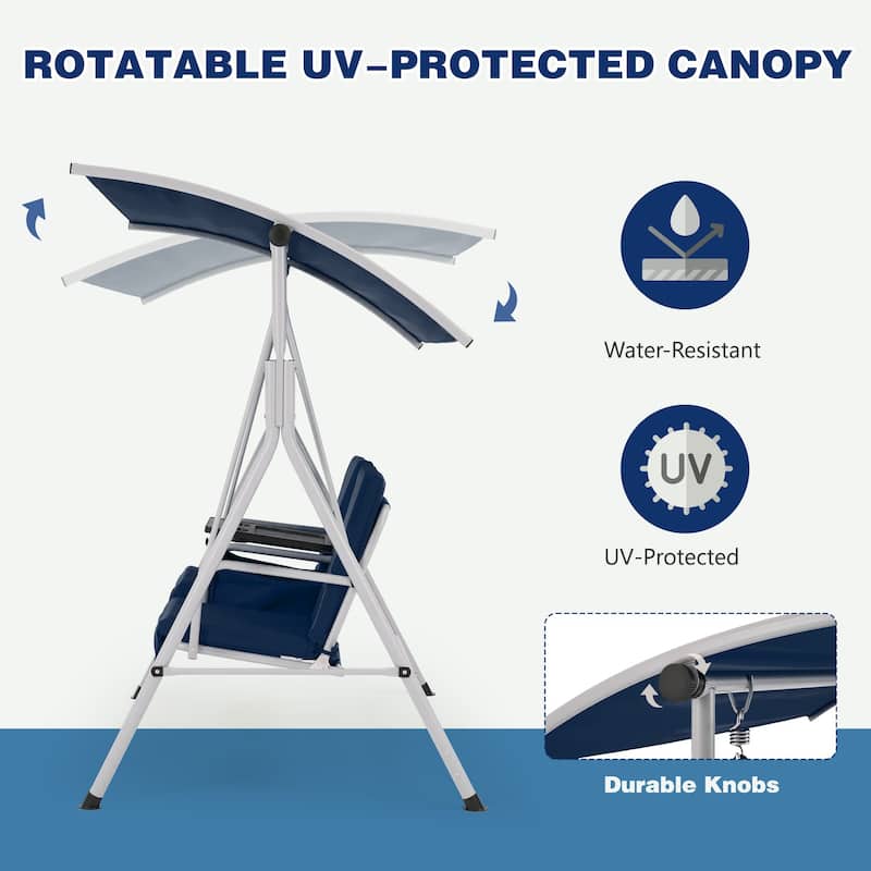 Outdoor Swing with Stand, Canopy, Pivot Table & 2 Cup Holders - Patio, Balcony, Bedroom