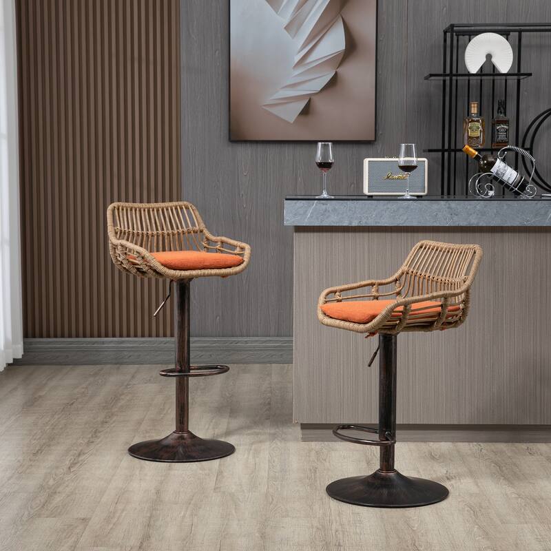 360° Swivel Bar Stools Set of 2, Adjustable Counter Height Chairs with Footrest, Rattan Bar Chairs with Cushions