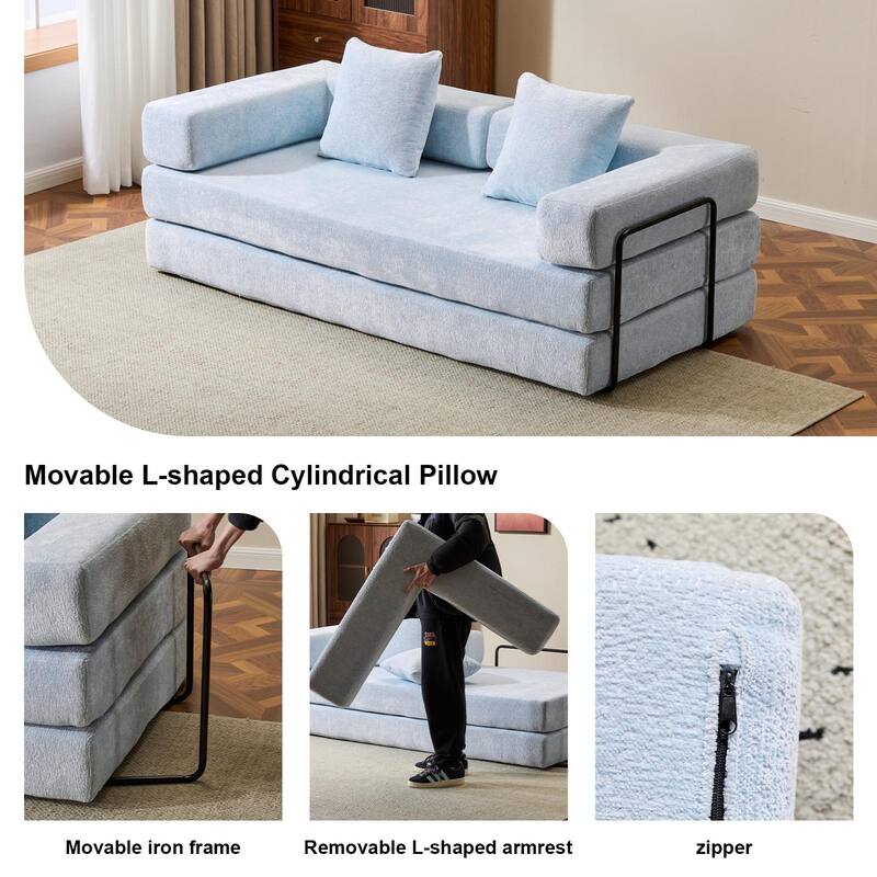 Chenille Floor Sleeper Sofa Bed Foldable Loveseat Couch Futon Sofa with Removable L-shaped Armrest and Movable Iron Frame