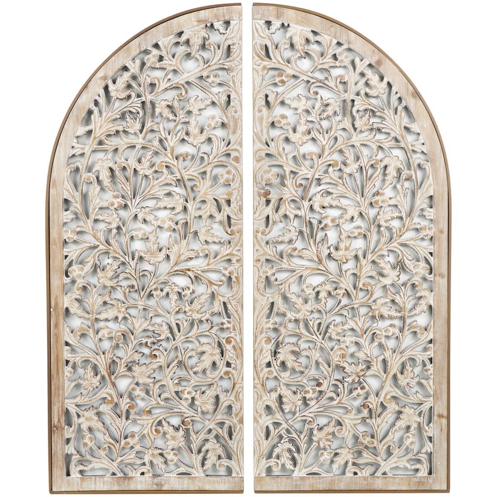 Wooden Floral Handmade Arched Home Wall Decor with Intricate Carvings - Set of 2 Brown - Roche River Decor
