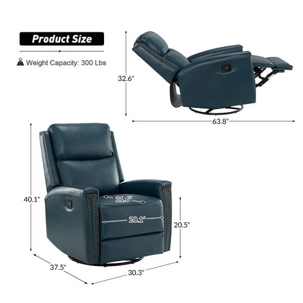 dimension image slide 3 of 12, Fiacro 30.31" Genuine Leather Wingback Swivel Rocker Recliner with Nailhead Trim