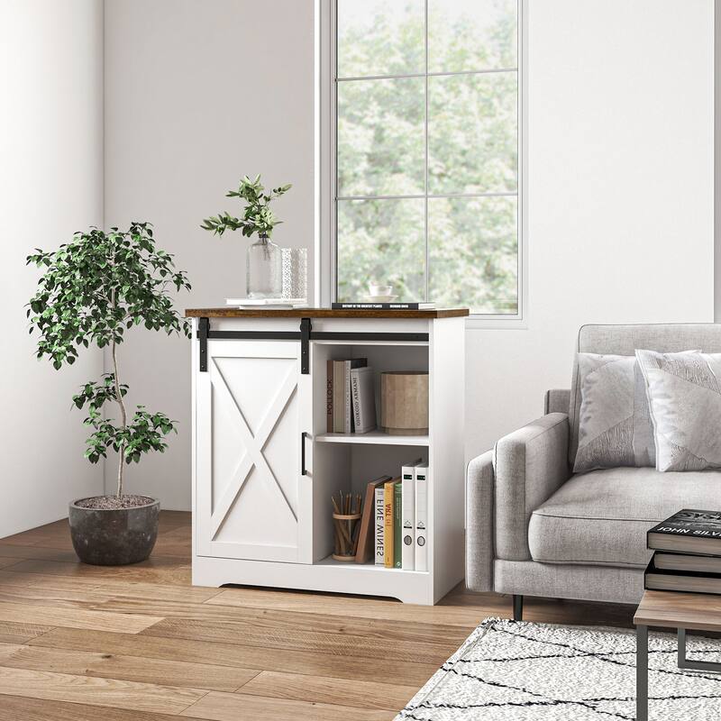 Coffee Bar Cabinet with Sliding Barn Door, Kitchen Sideboard with Storage, Buffet Cabinet with Adjustable Shelf