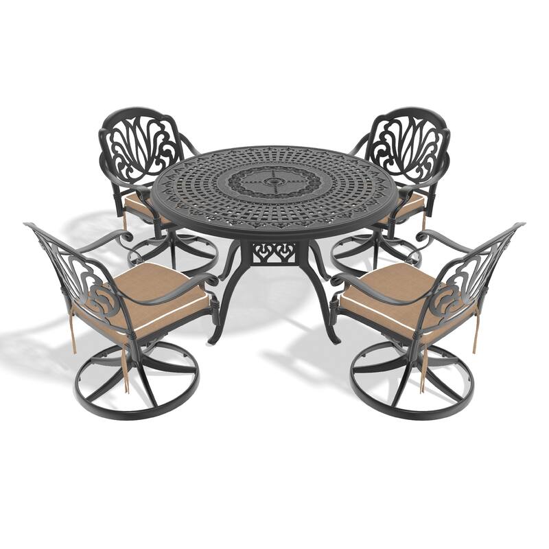 5-Pcs Outdoor Patio Dining Set, All-Weather Cast Aluminum Furniture Set with 4 Swivel Chairs, Round Table with Umbrella Hole