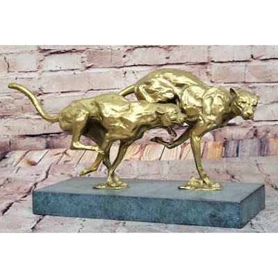 Golden Cheetah Big Imitative Cats Duo Running Bronze Sculpture On Marble Base By Milo