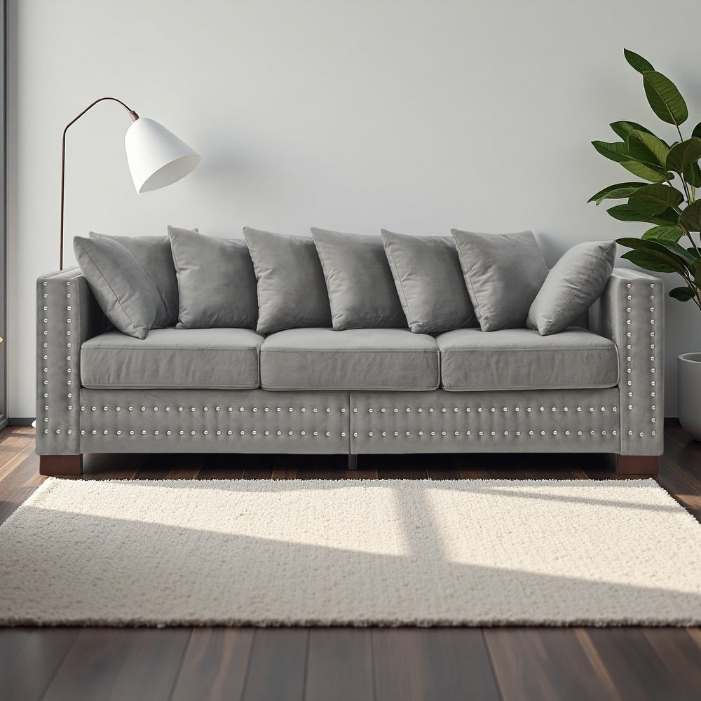 84.5" Velvet 3-Seater Sofa,Modern Square Arm Design with Silver Nailhead Trim and Under-Seat Storage