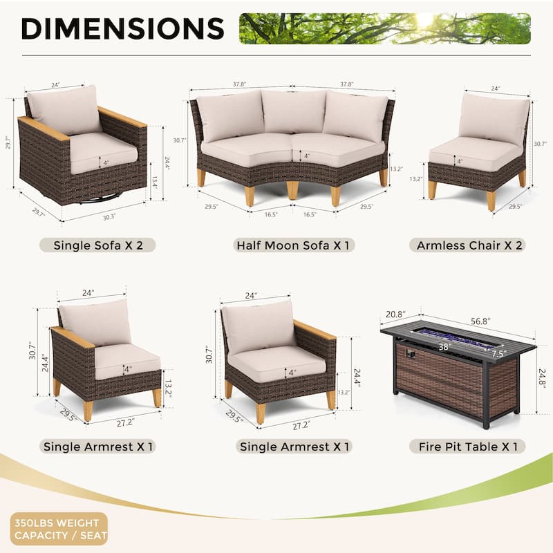 10 Piece Patio Wicker Rattan Furniture Set, Half-Moon Rattan Conversation sets with 2 X Swivel Chair Sofa and Firepit Table