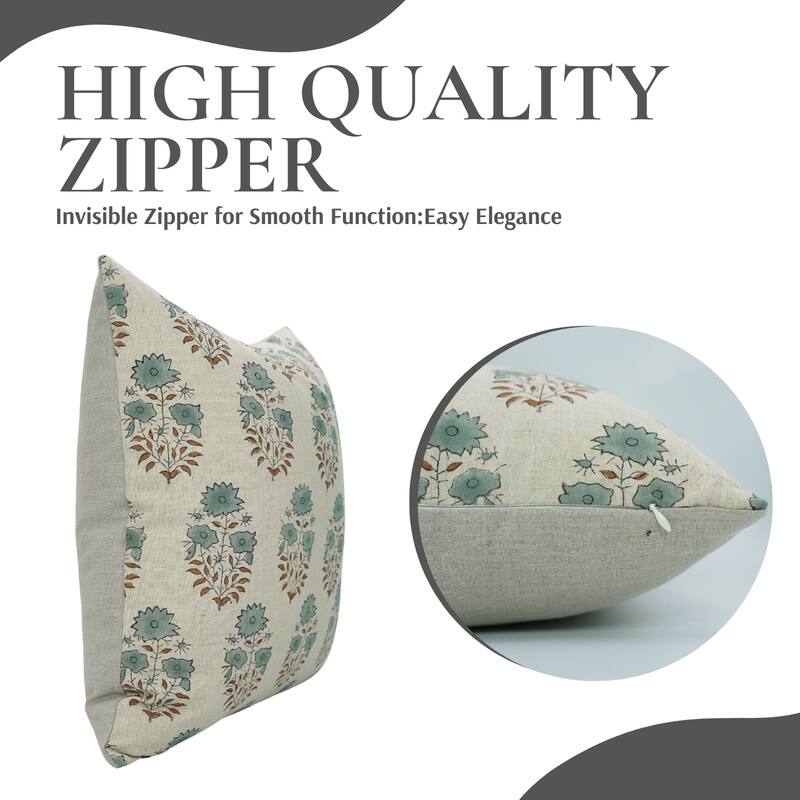 Fabdivine Block Print 12x20 Inch Pillow Cover Pure Linen Floral Farmhouse Decor Accent for Brown Soft, Cushion Case, Kanak Buti