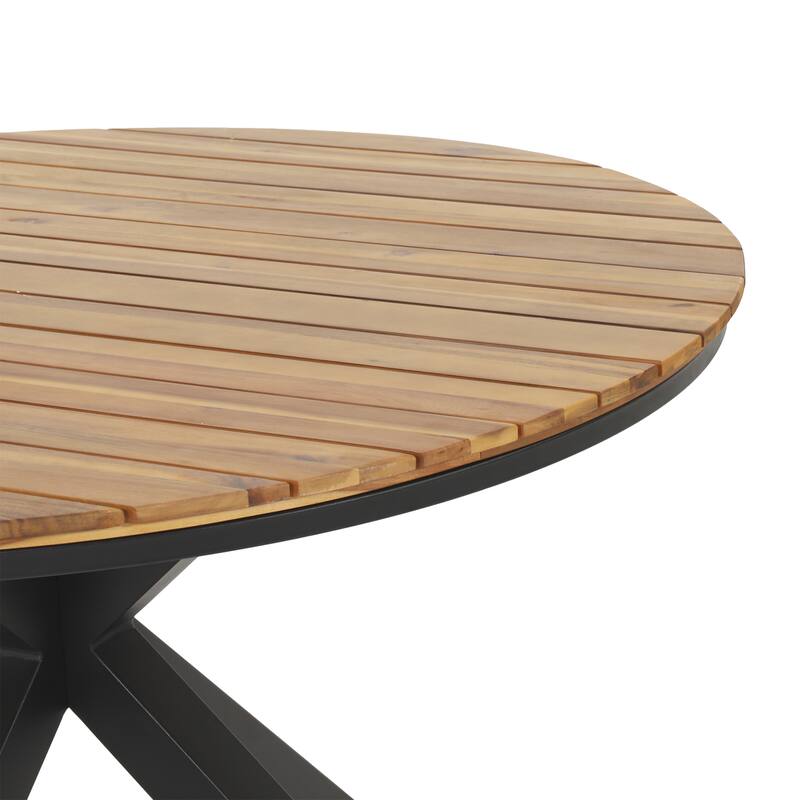 Roomfitters Outdoor Dining Table, Teak Acacia Wood Tabletop with Black Metal Legs, Teak+Black