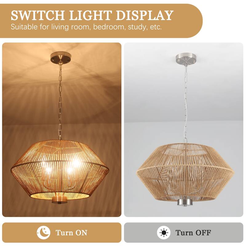 4-Light Bohemian Hand Woven Drum Chandelier Rattan Pendant - N/A