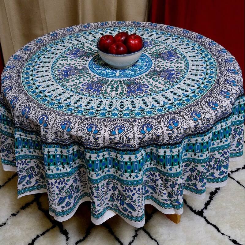 Mighty Elephant and Peacock Print Cotton Tablecloth Round