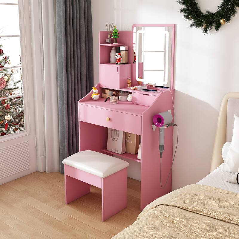 3-Color LED Vanity Mirror with Stool, Pink Dressing Table for Bedroom, 2 Drawers & 5 Storage Cabinets (4 Open + 1 Hidden)