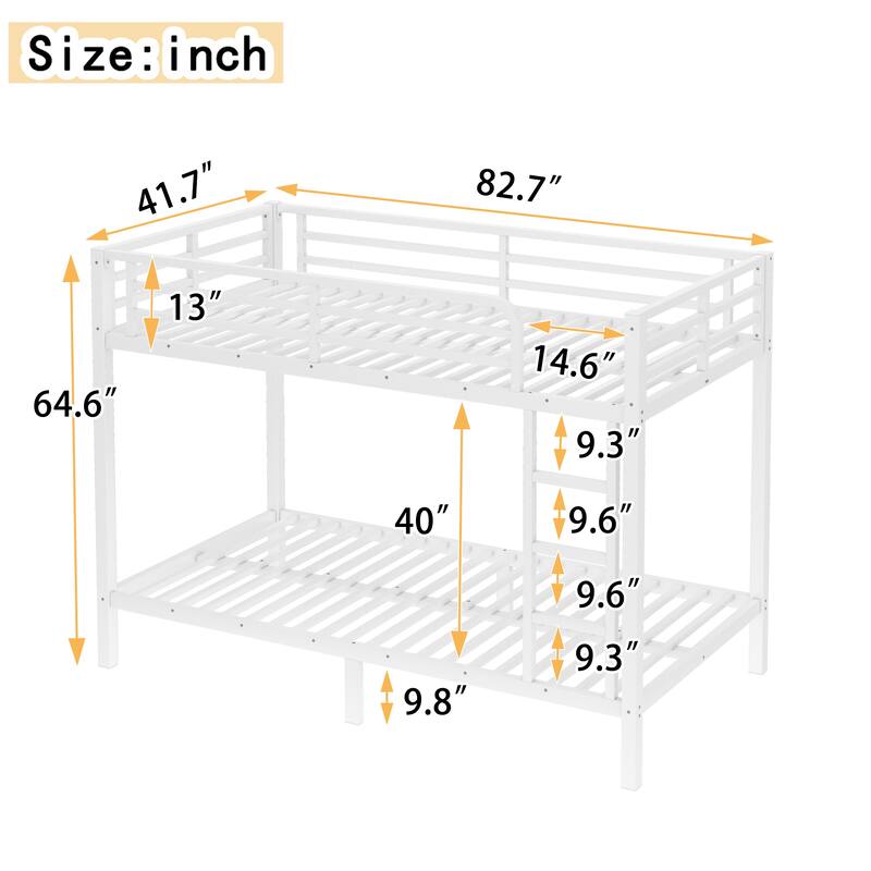 Metal Bunk Bed Frame with Safety Guardrail, Heavy Duty Metal Slat Support, Noise Free