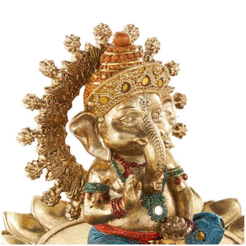 Gold Resin Ganesh Decorative Sculpture with Lotus Plate and Colorful Dresswear