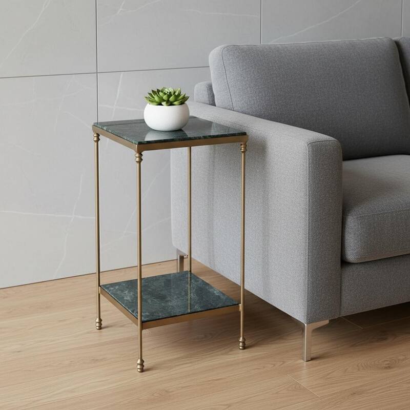 HomeRoots 24" Green and Gold Marble and Iron Square End Table With Shelf - 11.50 in. x 24.00 in. x 11.50 in. - Green - Marble