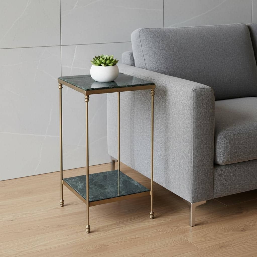 HomeRoots 24" Green and Gold Marble and Iron Square End Table With Shelf - 11.50 in. x 24.00 in. x 11.50 in.