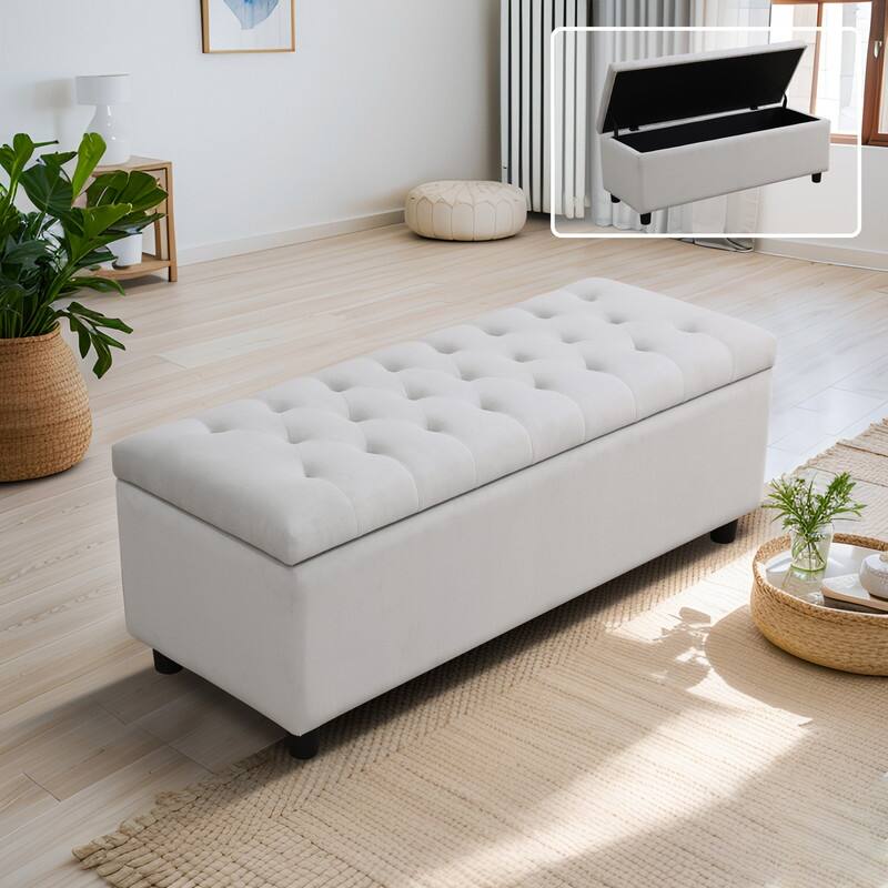 Elegant Gray White Storage Bench with Solid Wood Frame