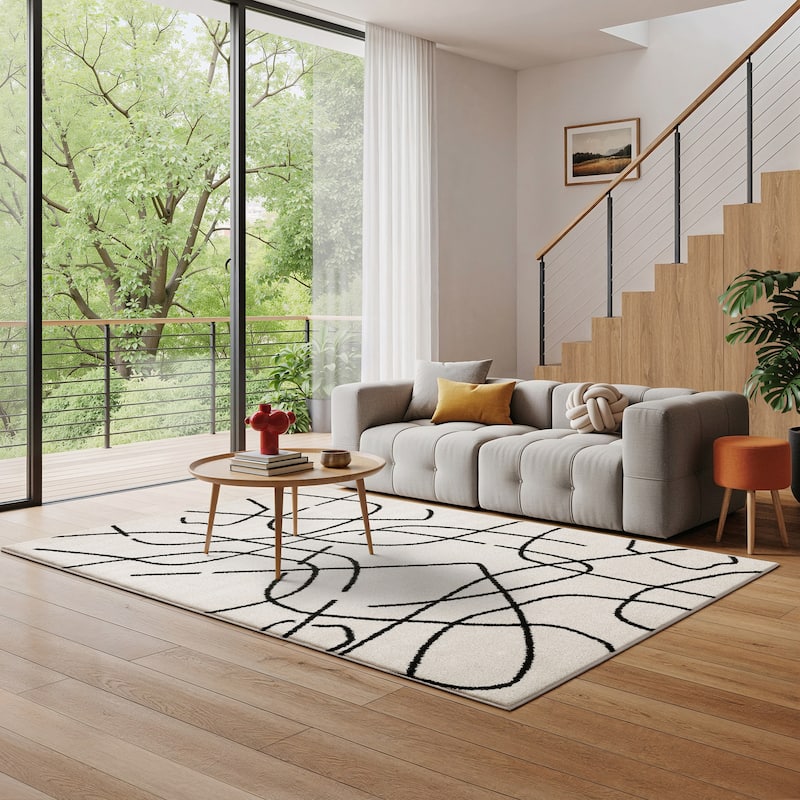 Quartz Mid-Century Abstract Lines Beige/ Black Area Rug - 5'3" x 7'