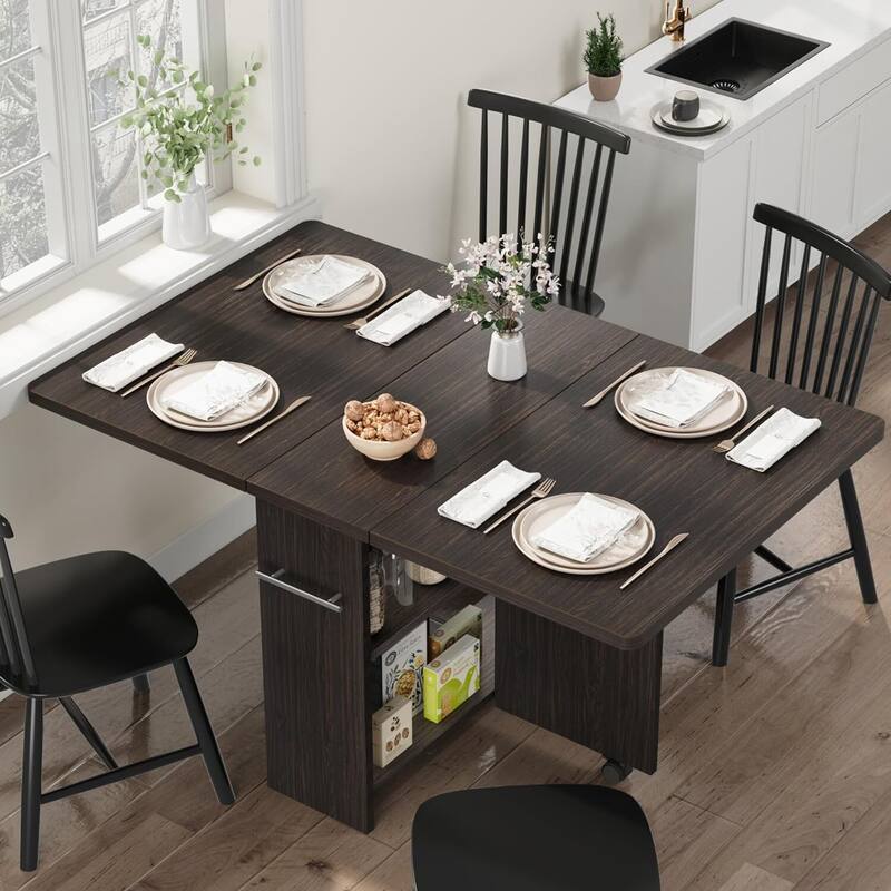 Folding Dining Table, Space Saving Farmhouse Dining Table for 4 Storage Shelf, 6 Wheels Multipose Expandable Kitchen