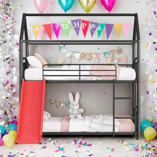 slide 2 of 16, 2 In 1 Multifunction Twin Over Twin Metal Bunk Bed With Slide Red+Black Metal