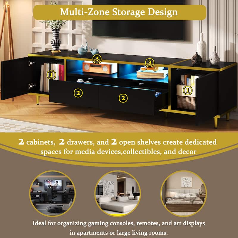 70.9" Luxury LED TV Stand with Smart Lighting - 2 Cabinets, 2 Drawers and Anti Tip Design and Cable Management