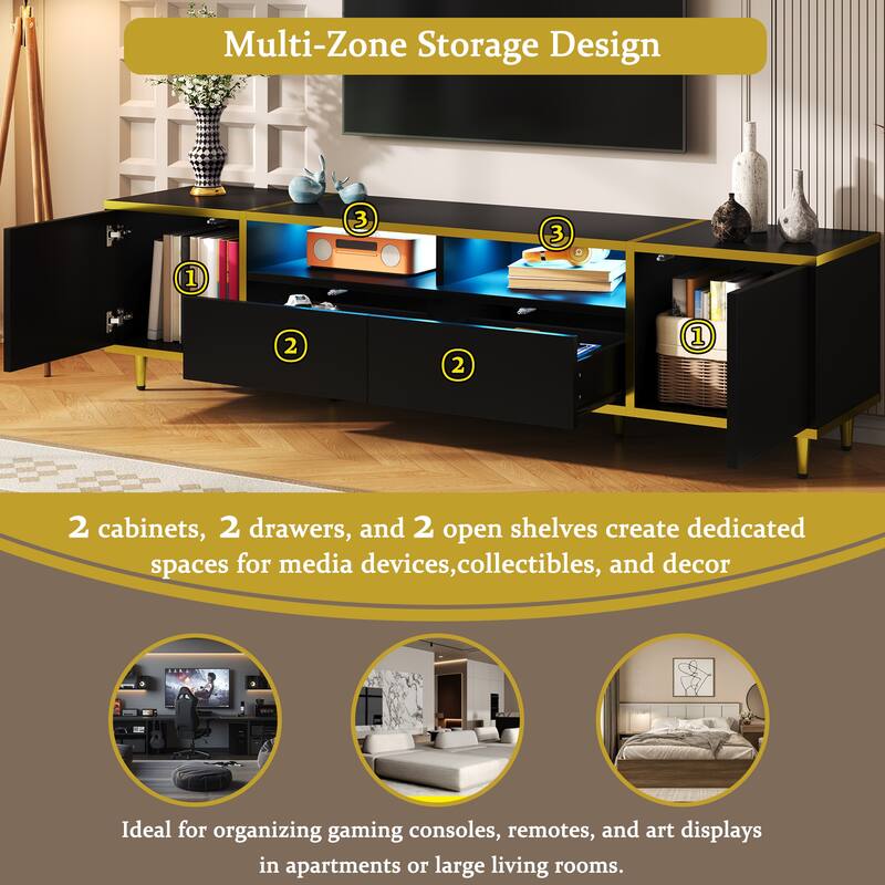 70.9'' Modern TV Stand for TVs up to 80'', Entertainment Center with LED Lights, 2 Cabinets, 2 Drawers & Metal Legs