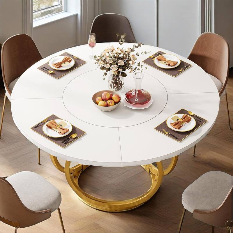 Round Dining Table for 4 to 6 People White MDF Tabletop with Gold Steel Base Modern Minimalist Design