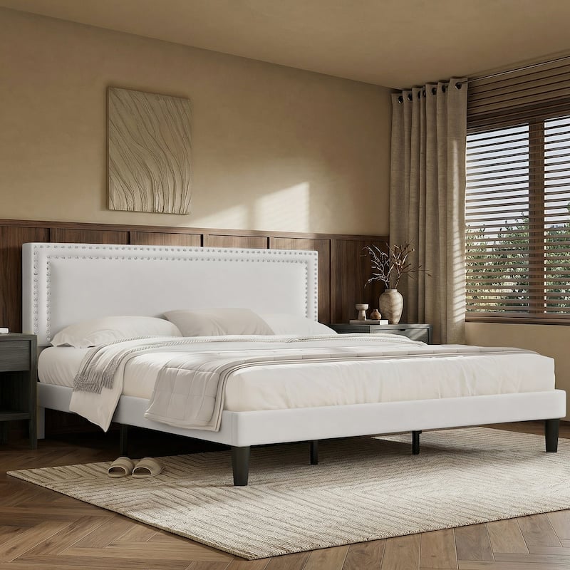 VECELO Upholstered Bed Frames with Height Adjustable Headboard