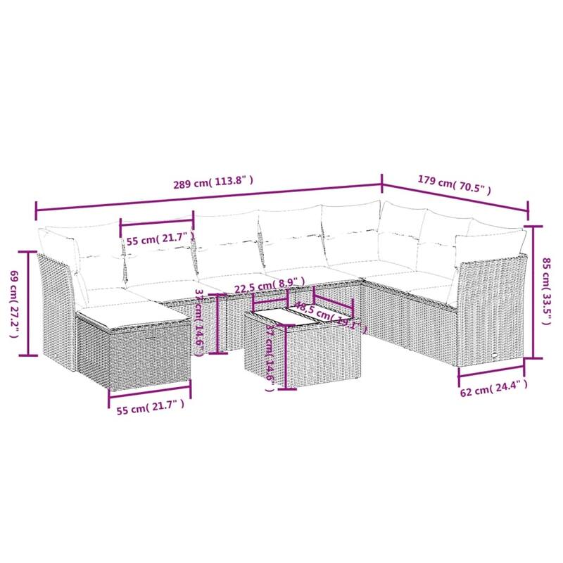 vidaXL Patio Sofa Set with Cushions Outdoor Conversation Furniture Poly Rattan - 24.4" x 24.4" x 27.2"