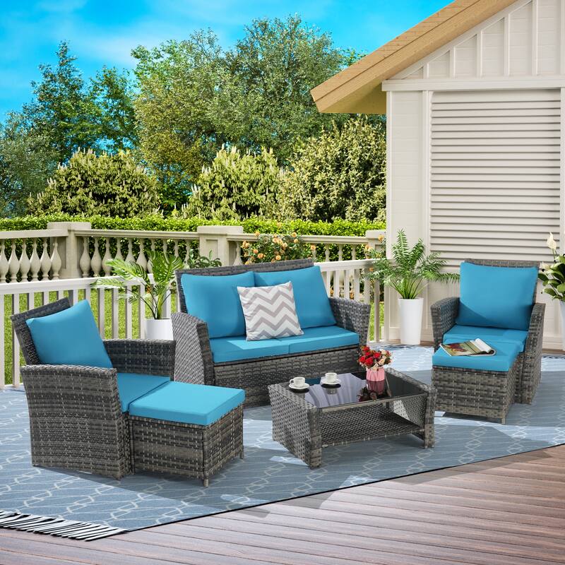 6 Piece Wicker Patio Furniture Sets, Outdoor Sectional Conversation Set with Ottoman and Tempered Glass Coffee Table