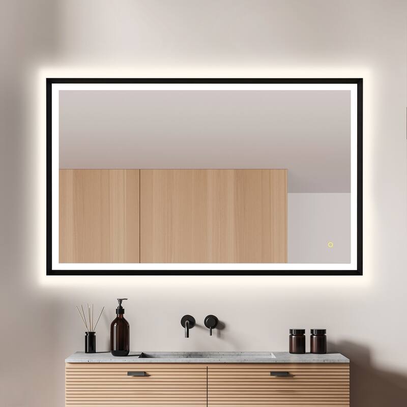 Apollo Rectangular Anti-Fog Dimmable Modern Bathroom/Vanity LED Lighted Wall Mirror in Matte Black Aluminum Framed