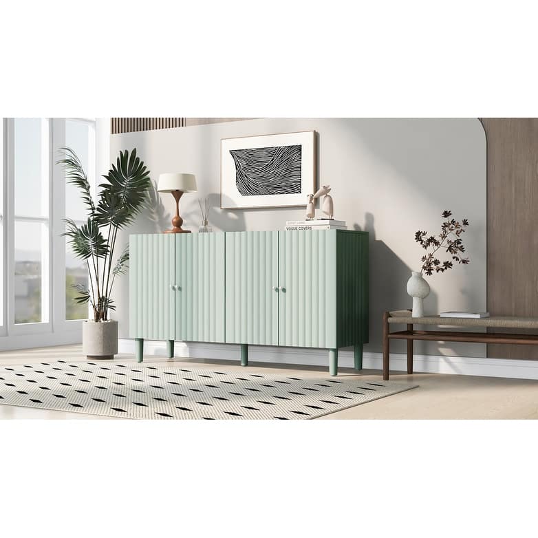 Rubber Wood 4 Door Sideboard with Wavy Pattern Doors and Cylindrical Legs, Storage Cabinet with Metal Door Handle