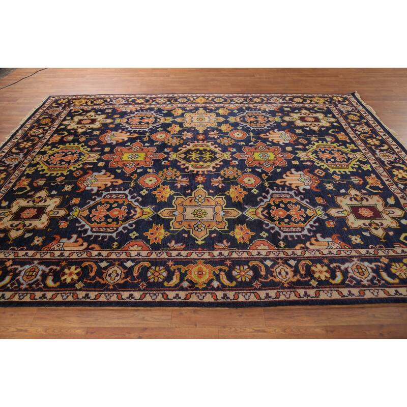 All-Over Blue Geometric Oushak Oriental Area Rug Handmade Wool Carpet - 7'10"x 10'4"
