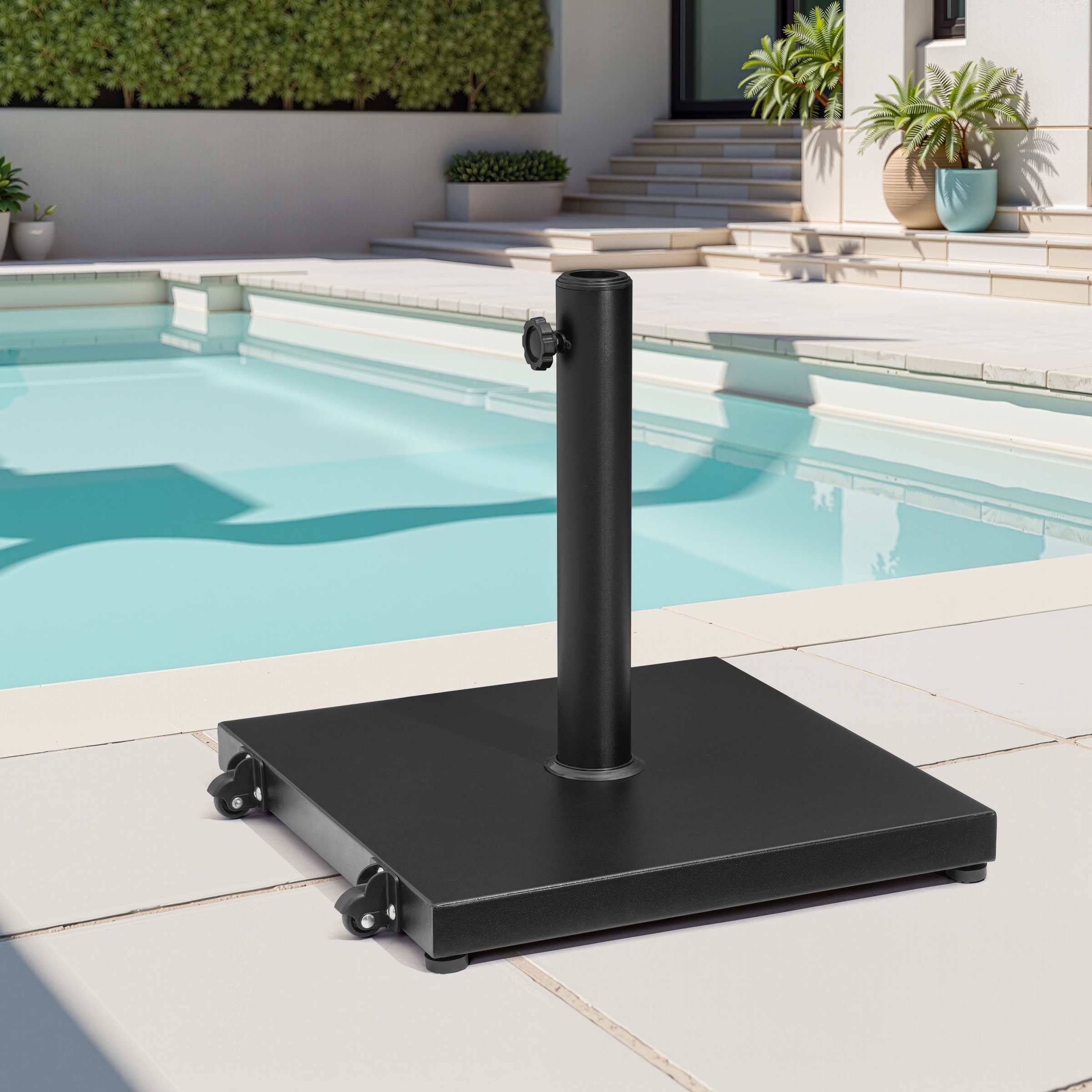 everhome patio umbrella base VredHom with Wheels, 43lbs White Outdoor Umbrella Stand profile base that tucks neatly under the table 9x12 FT Rectangular Cantilever Patio