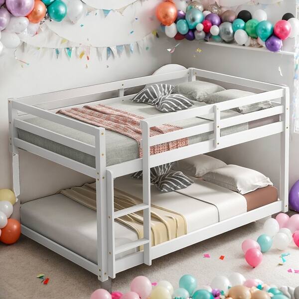 slide 2 of 13, Low Height Design Twin Over Twin Floor Bunk Bed in Grey for Kids' Safety,Stylistic Elements Kid's Bunk Bed,White White