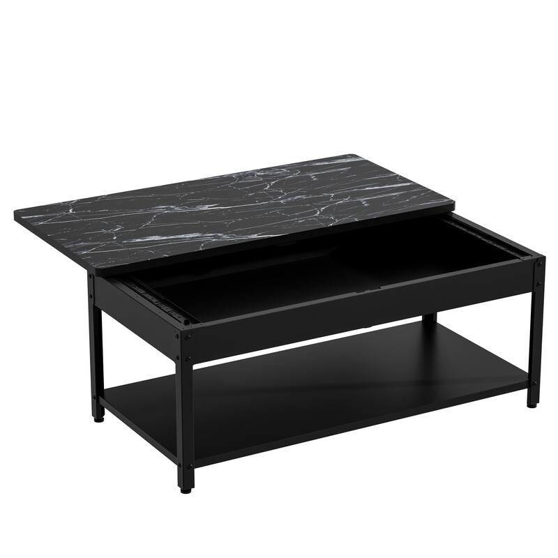 Modern Rectangular 2-Tier Coffee Table with Drawer Storage Compartment and Fingerprint, Lock for Living Room - Black